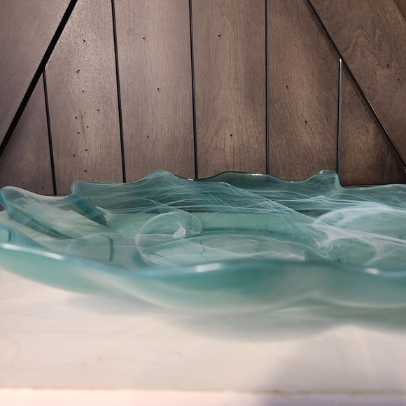 Rare Vintage Murano Style Teal and White Swirl Art Glass Dish 13"x2" Hand Blown - Picture 10 of 11